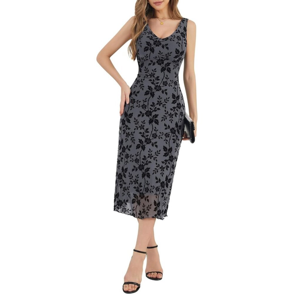 Women's Grey V Neck Sleeveless Mesh Maxi Dress Casual Elegant Long Floral - Picture 4 of 5